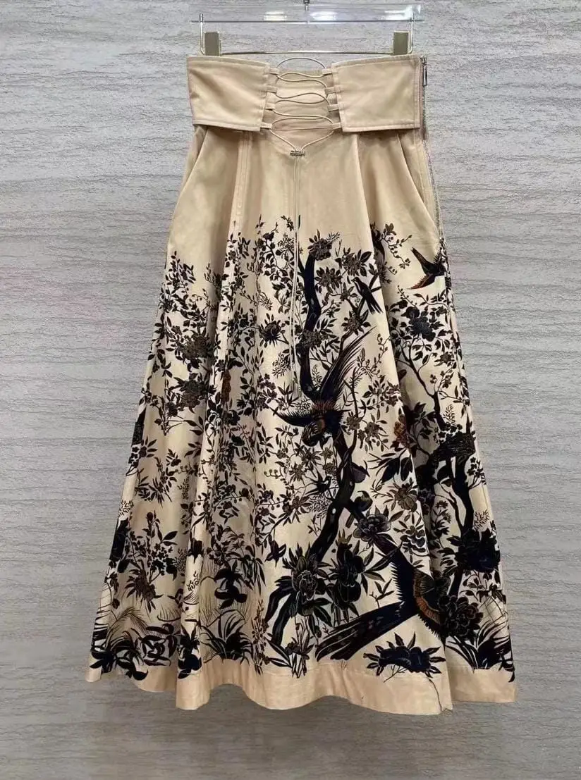 Christian Dior Jardin D'Hiver khaki bird floral skirt Christian Dior Jardin D'Hiver khaki bird floral skirt