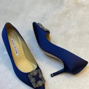 Manolo Blahnik Blue Satin Hangisi Crystal Embellished Pumps