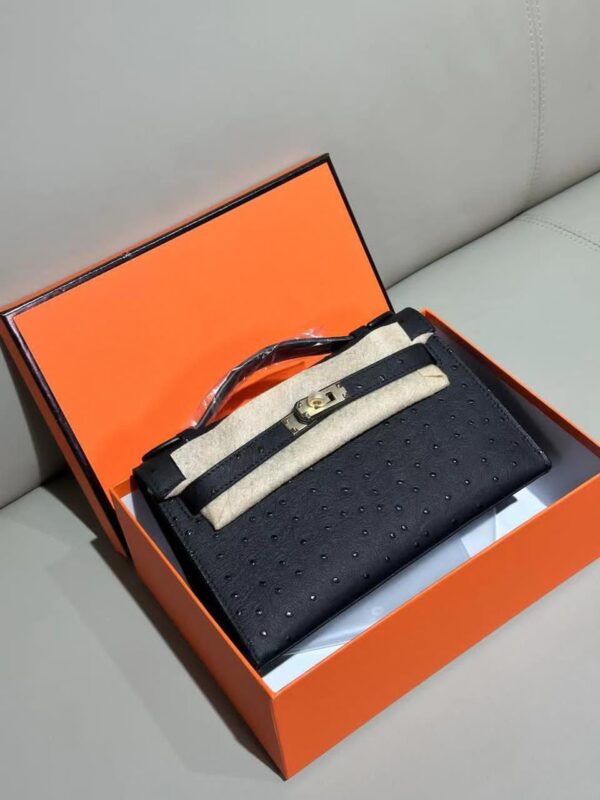 Design Kelly Pochette Noir (Black) Ostrich Gold Hardware GHW - Dubai Fashion LUX
