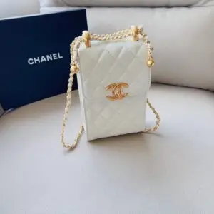 Design White Quilted Leather CC Pearl Phone Case Crossbody Bag - Dubai Fashion LUX